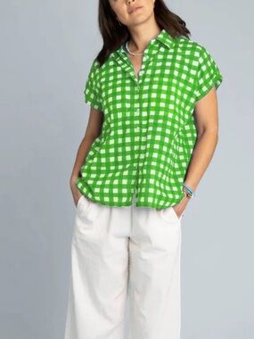 Green Button-Down Gingham Short-Sleeve Shirt